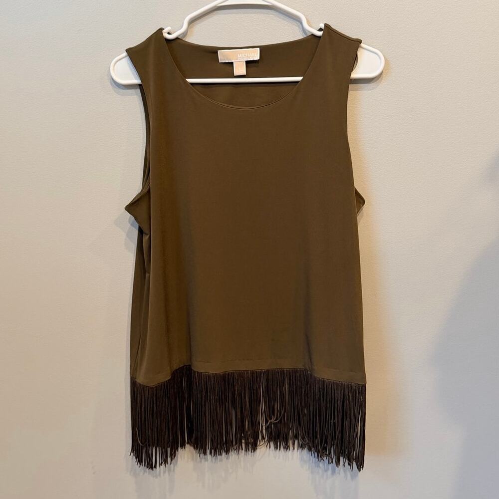 Michael Kors Sleeveless Tinsel Blouse Olive Brown Boho Fringe Trim Size Large